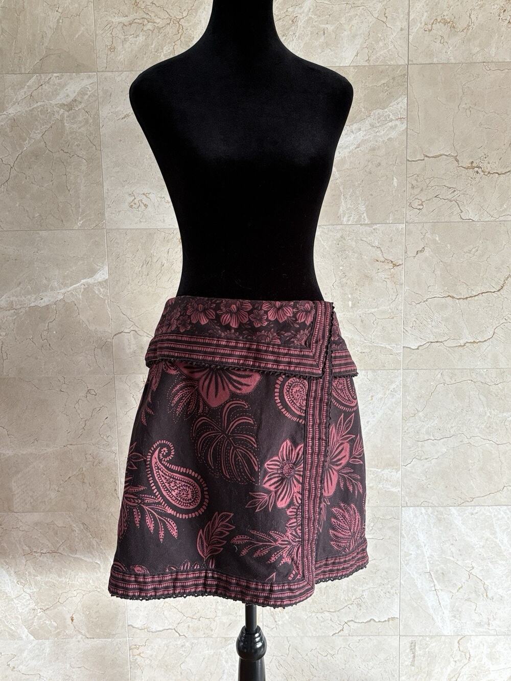 FARM Rio Gigi Floral Wrap Mini Skirt - L Brown Twill Bold Print Spring Statement